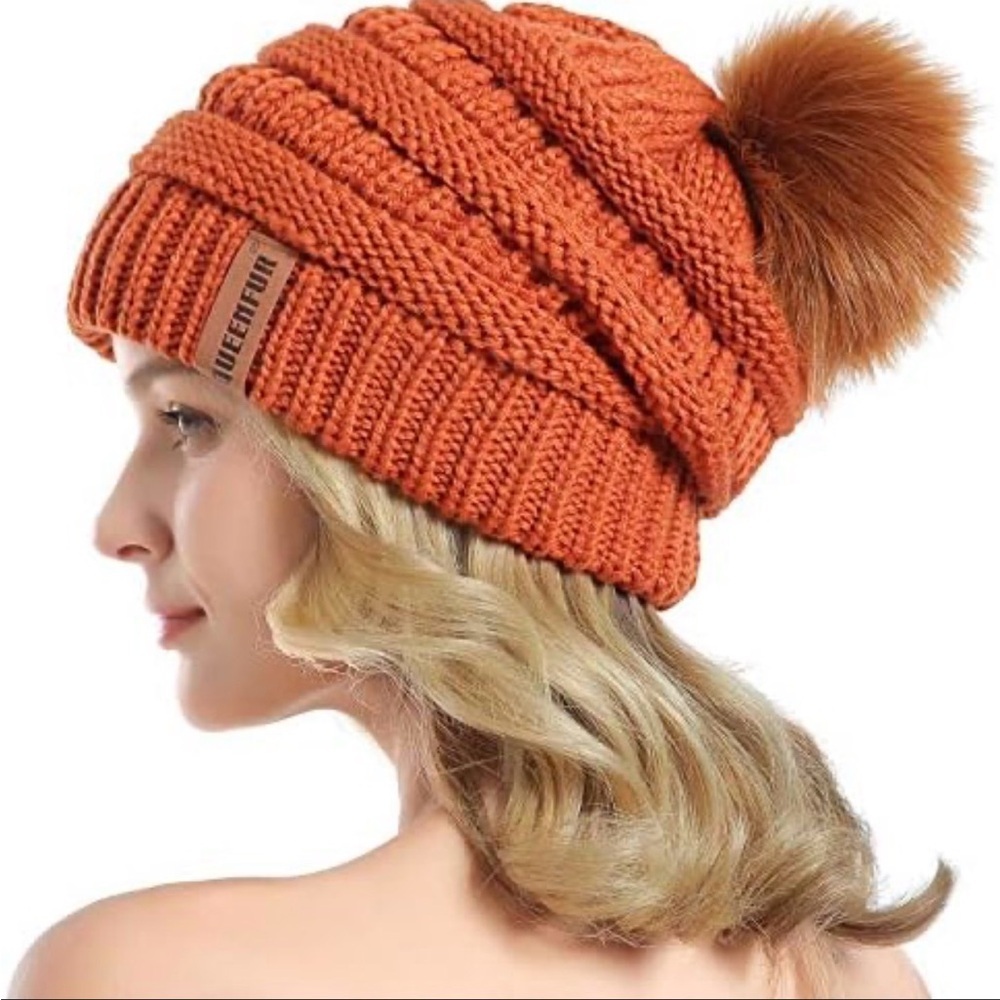 Women's Orange Knit Beanie with Pom Pom